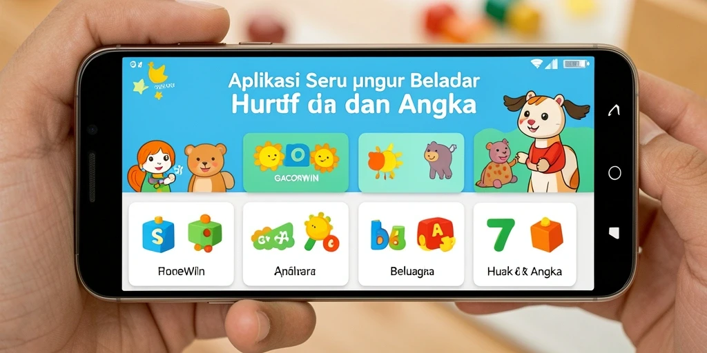 Tampilan antarmuka GACORWIN yang menarik untuk belajar huruf dan angka.