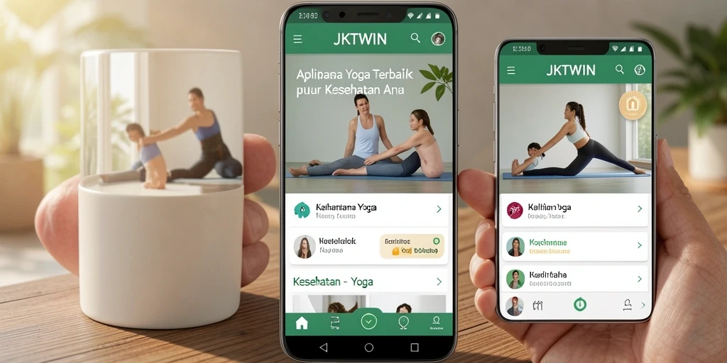 Antarmuka aplikasi JKTWIN menunjukkan berbagai pose yoga dengan instruksi yang jelas.