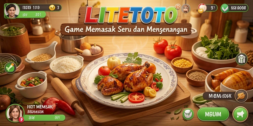 Screenshot utama LITETOTO menunjukkan pemain sedang memasak hidangan lezat.